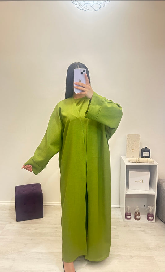 Ensemble Abaya kimono en lin, olive